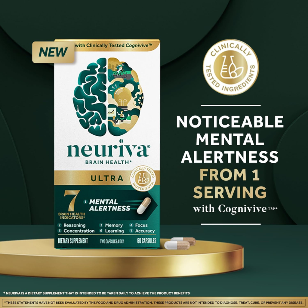 NEURIVA Ultra Brain Supplements for Memory and Focus 60 Count Capsules