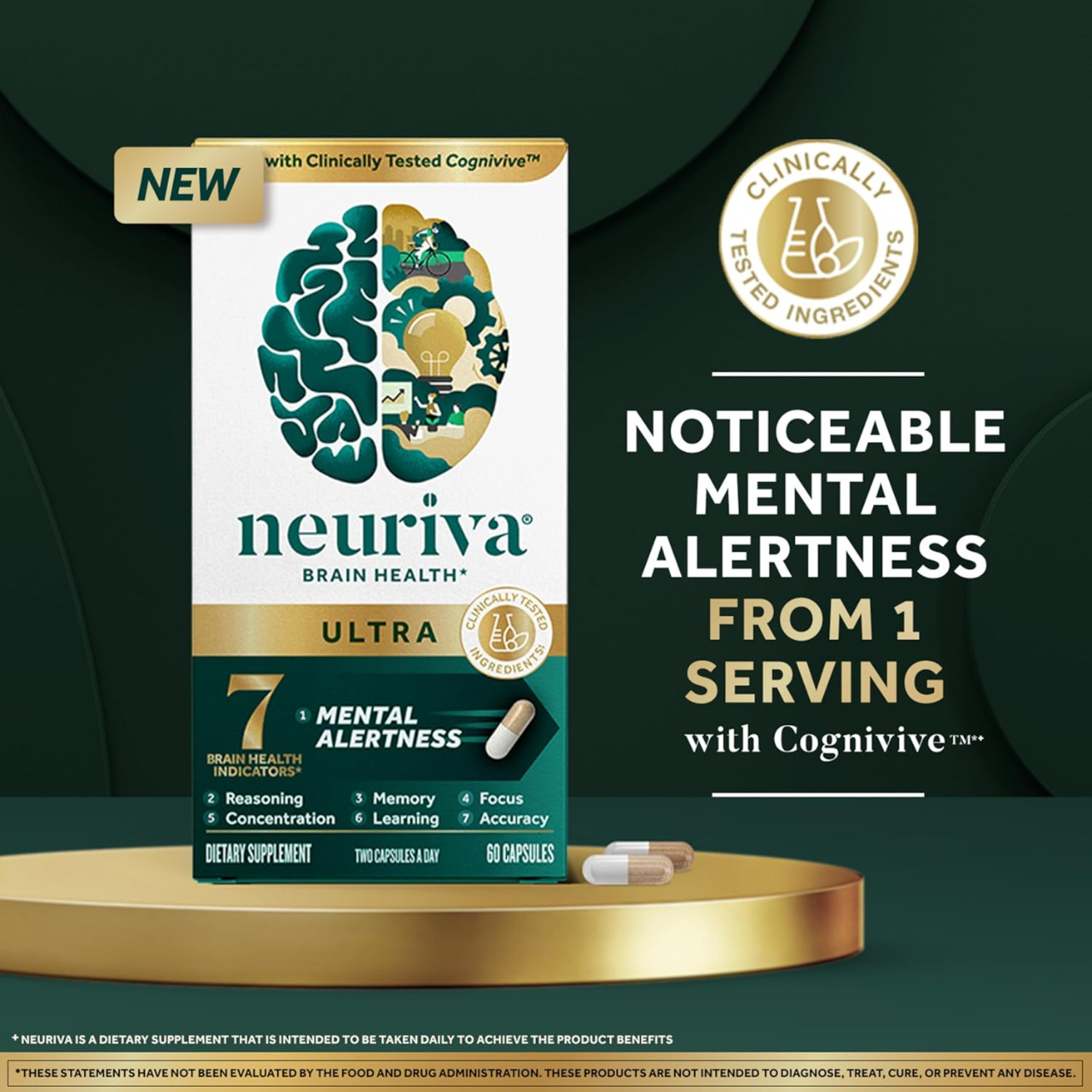 NEURIVA Ultra Brain Supplements for Memory and Focus 60 Count Capsules