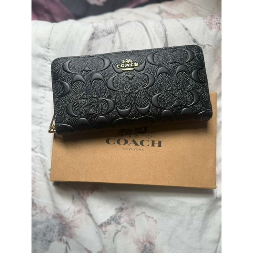 COACH Embossed Signature Leather Long Accordion Zip Wallet Black