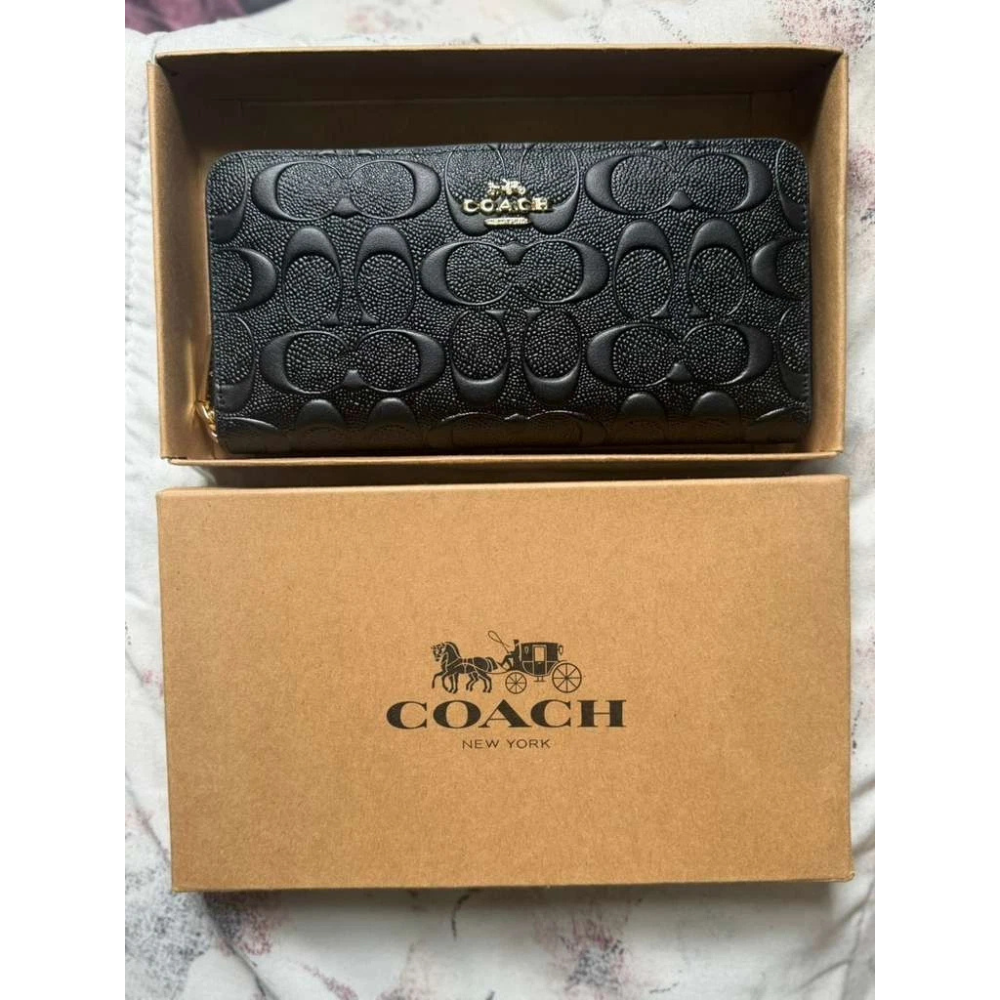 COACH Embossed Signature Leather Long Accordion Zip Wallet Black