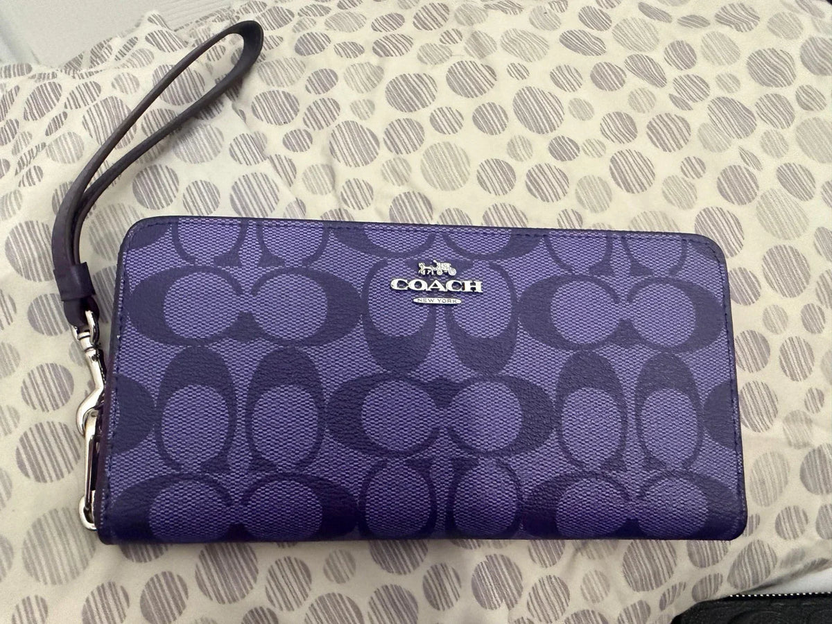 Coach Signature PVC Zip Around Women Wristlet Wallet Purple